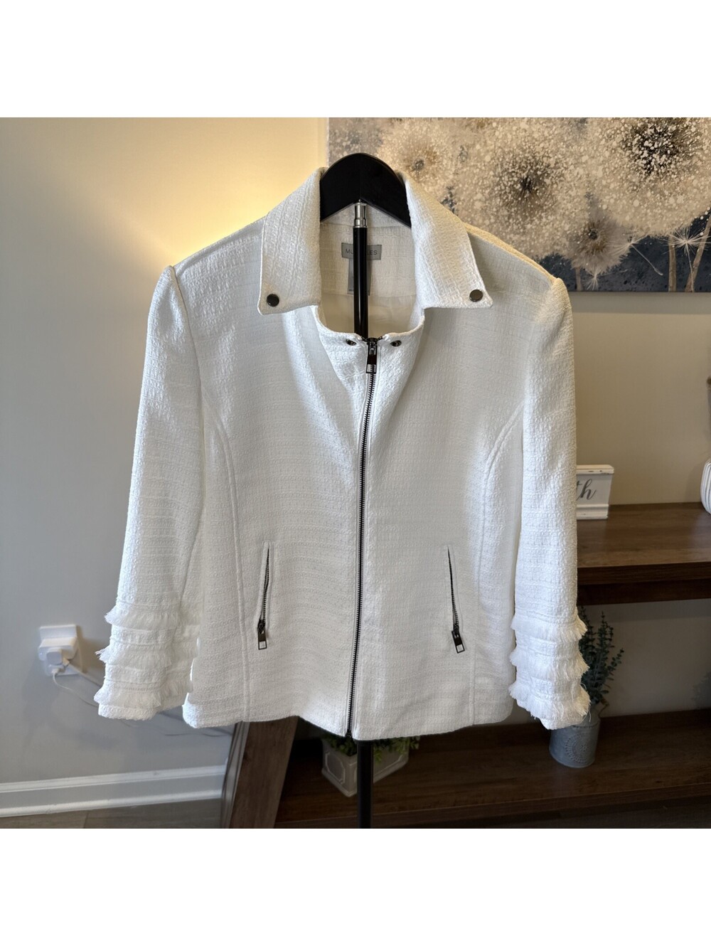 Multiples Size Small White Jacket Fringe Sleeves Zip Front